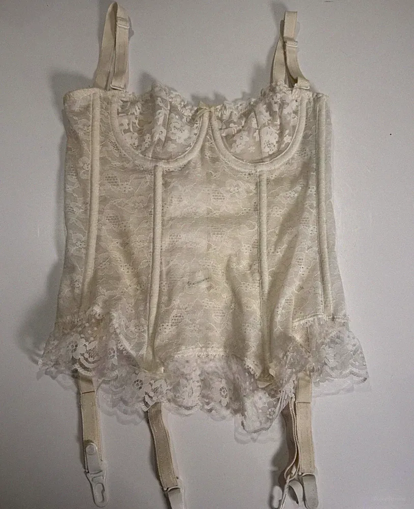 Herbst Blatt Korsett Top Gr. 32B Elfenbein Blumen Spitze Bügel Strapse Bustier