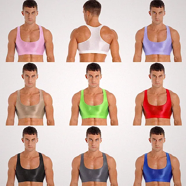 Herren Glänzende Crop Top Stretch Sport BH Weste mit Racerback Bikini Oberteile