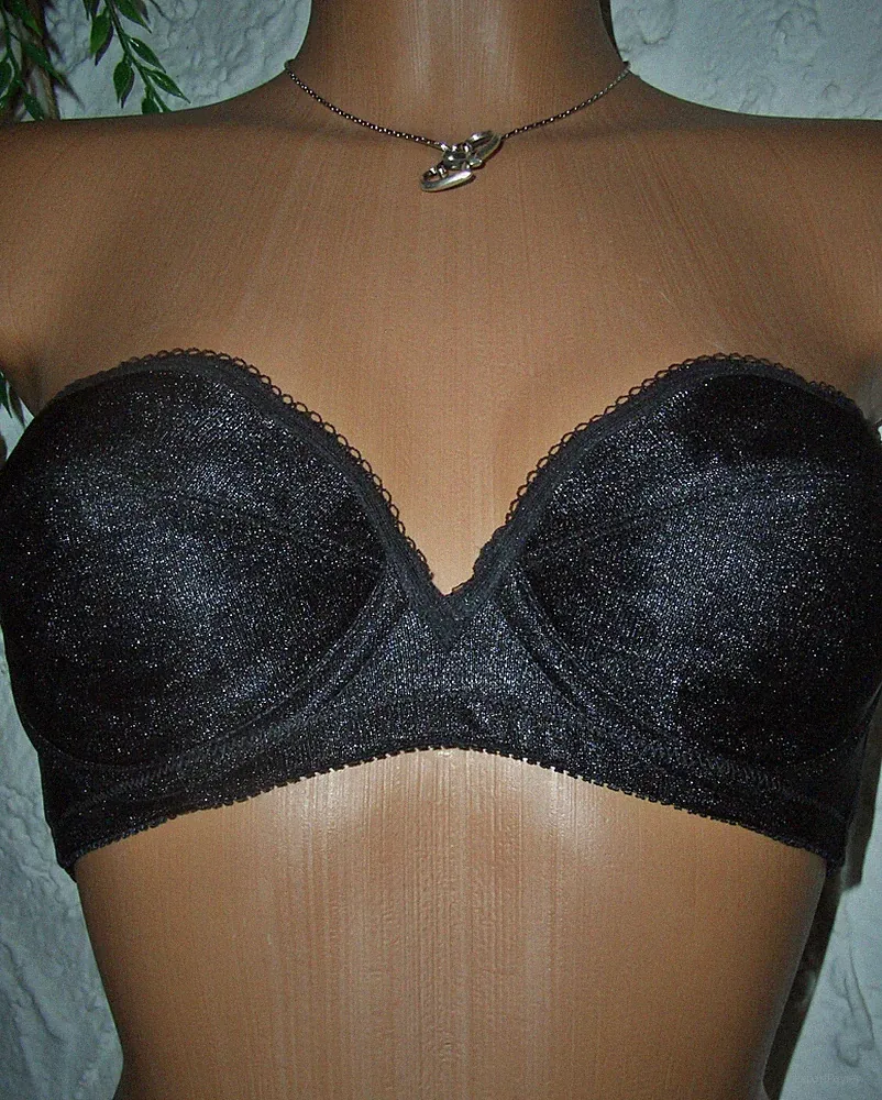 Herrlicher VINTAGE trägerloser Glanz Pin Up Bügel BH schwarz Gr. 70 GALA (v92)