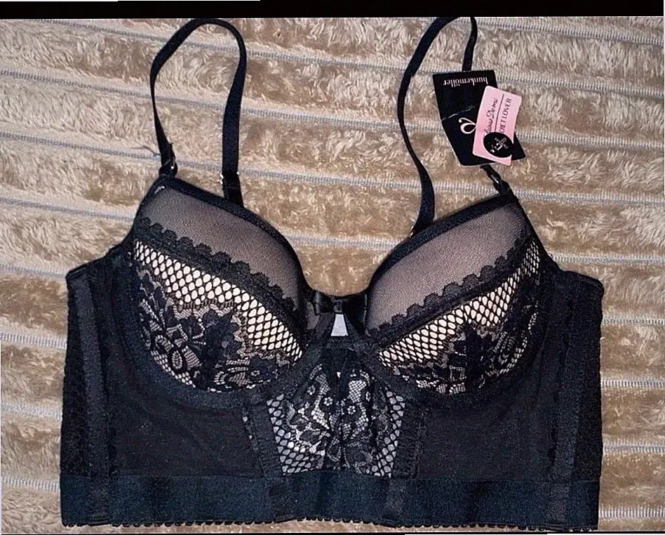 Hunkemöller Longline-BH mit Bügel 75B schwarz Spitze transparent Schleife Haken