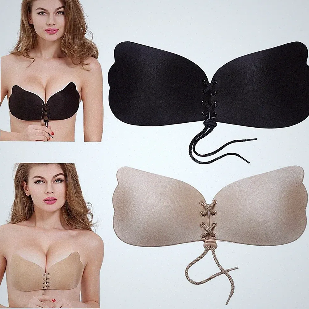 Klebe BH Schnürrbar Rückenfrei Gepolstert Push Up Bra Trägerlos