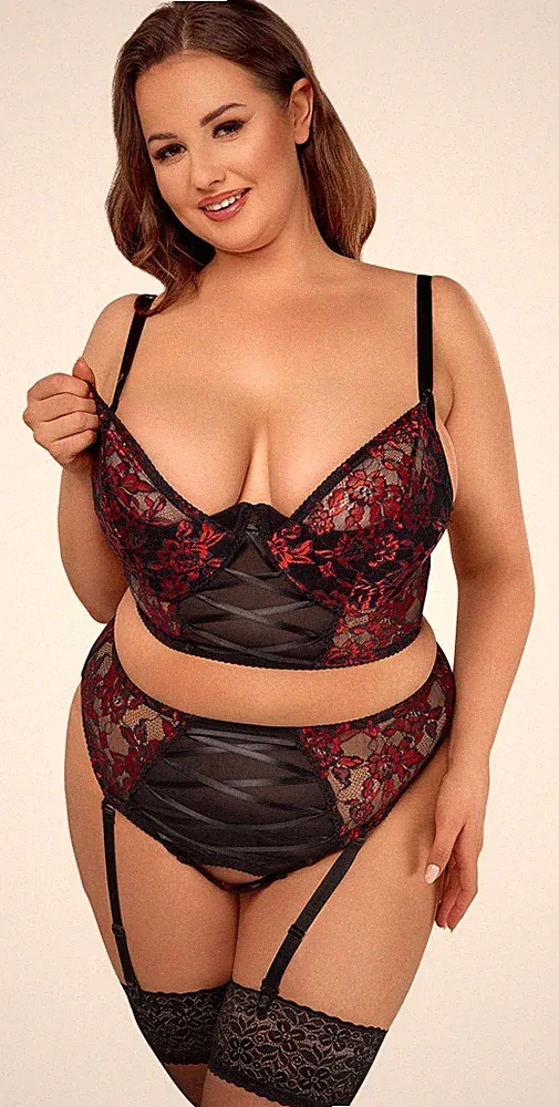 Longline BH und Straps-Slip im Set von Cottelli CURVES schwarz rot Bügel-Hebe