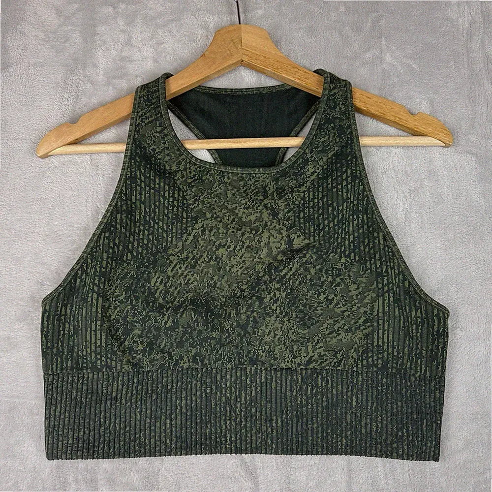 Lululemon Ebb To Train Bra Size 12 Camouflage Green Md Support C/D Cup Long Line