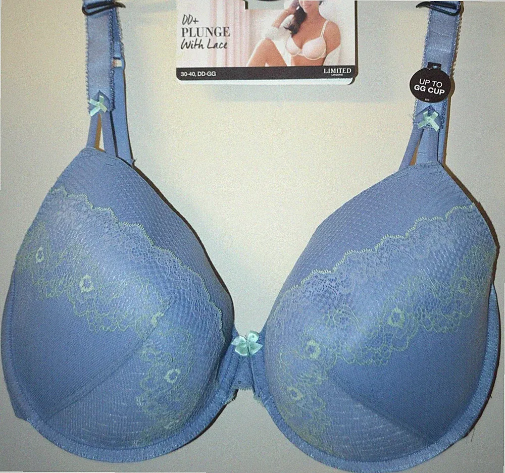 M&S DD PLUS PLUNGE BH MIT SPITZE GEPOLSTERT GR 32GG BLAU MIX - NEU MIT ETIKETT