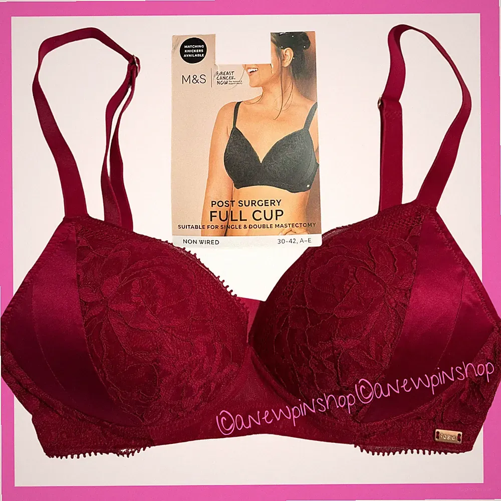 M&S Rosie BH postoperativ rosa weiche Seide Stretch Spitze Mastektomie neu mit Etikett £29,50