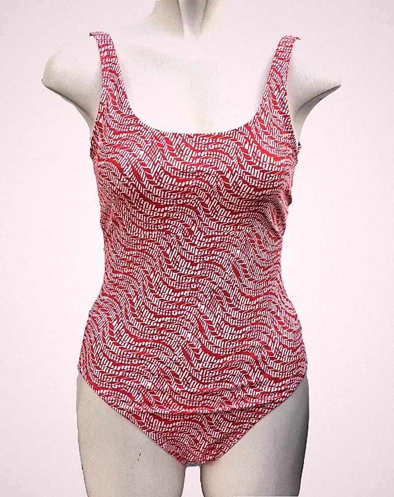 M&S roter Badeanzug weiß Muster U-Ausschnitt Schwimmkostüm Größe 8 16 Reg lang
