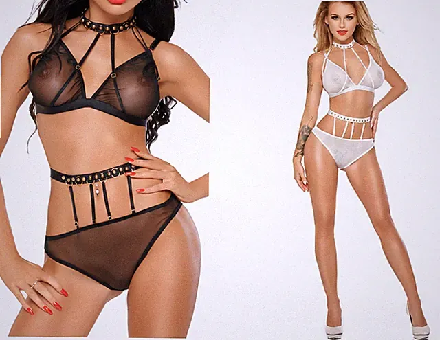 MeSeduce NETZ SET BH PANTY clubwear bralette slip schwarz weiß tüll reizwäsche