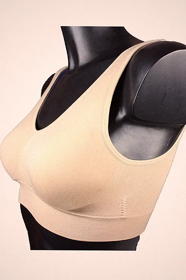nahtlos Push up BH Sport Form Bra ohne Bügel beige Sporttop Top Bustier Organza