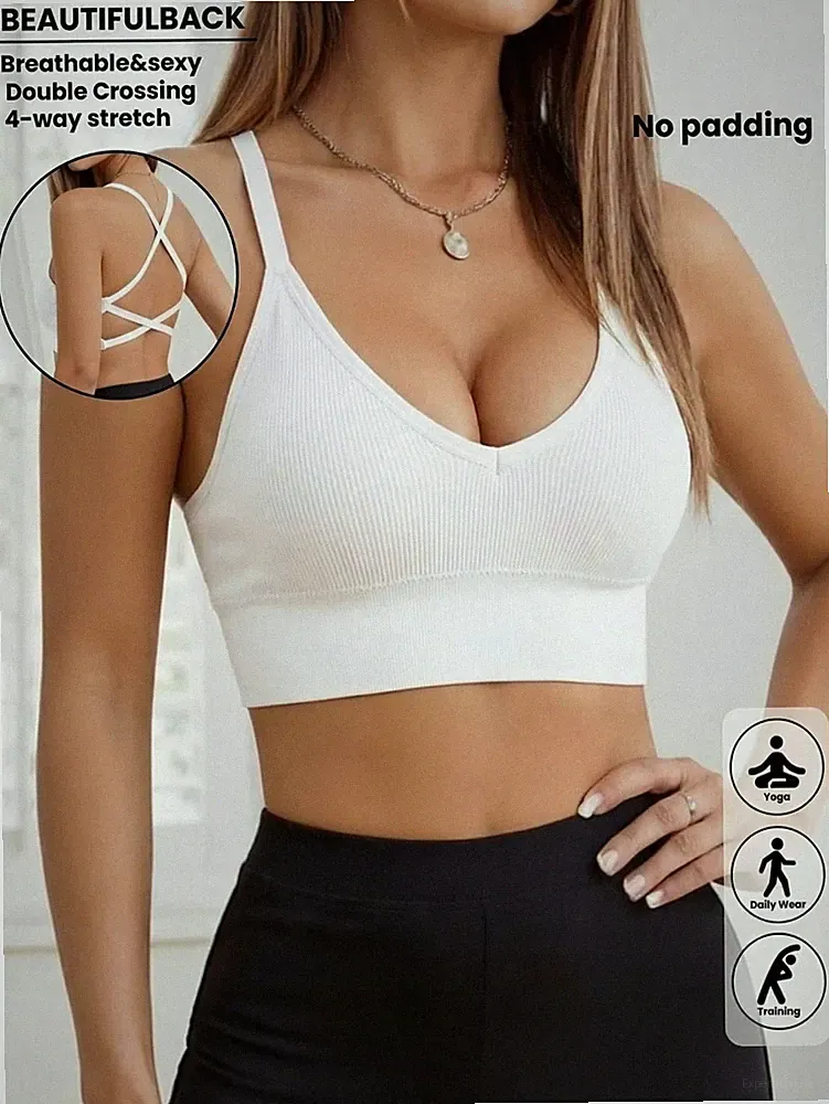Nahtloser gerippter Sport BH mit Kreuzträgern für Frauen Billig24