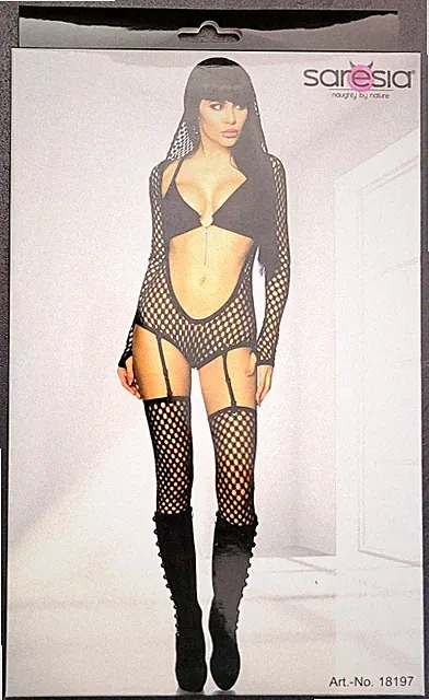 Netz-Outfit-Set (Body, BH, Stulpen) schwarz Größe L SARESIA 18197