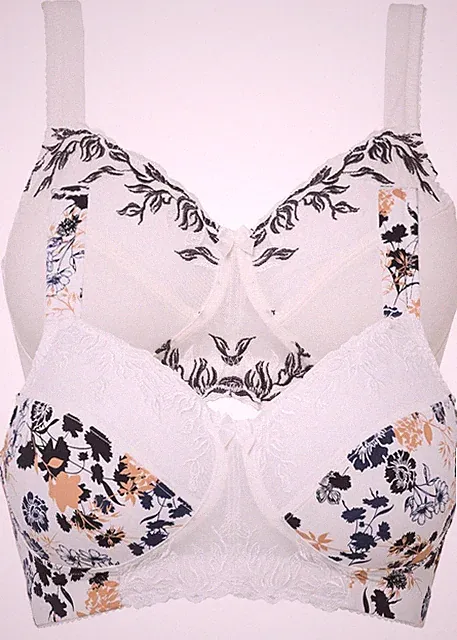 Neu 2-tlg Damen Minimizer BH ohne Bügel Gr 75 Cup F Wollweiß Dunkelblau Bedruckt