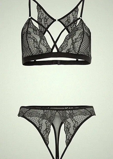 Neu 2-tlg Triangel-BH String ouvert Gr. 40/42 Schwarz Unterwäsche Bra ohne Bügel