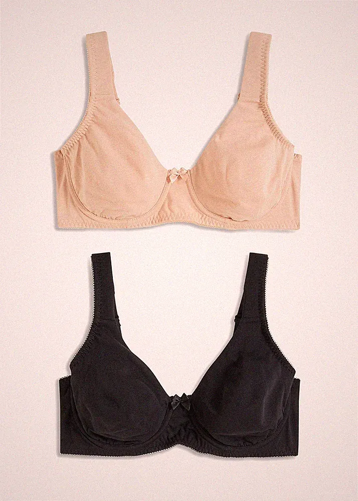 Neu 2er Pack Bequemer T-Shirt BH mit Bügel Gr. 105 Cup D Schwarz Beige Damen Bra