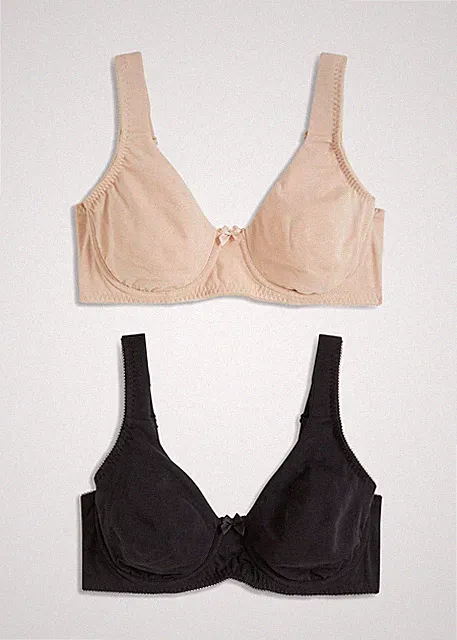 Neu 2er Pack Bequemer T-Shirt BH mit Bügel Gr. 95 Cup D Schwarz Beige Damen Bra