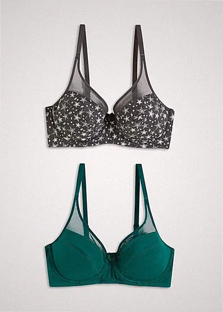 Neu 2er Pack Bügel BH mit Mesh-Einsatz Gr. (100) C Anthrazit + Grün Damen-Bra