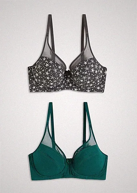 Neu 2er Pack Bügel BH mit Mesh-Einsatz Gr. (105) C Anthrazit + Grün Damen-Bra