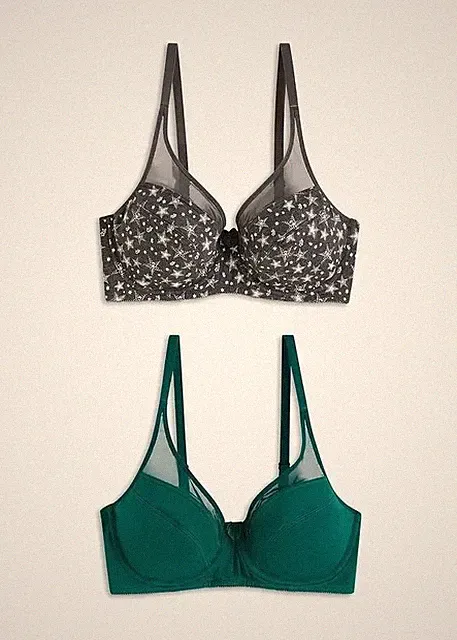 Neu 2er Pack Bügel BH mit Mesh-Einsatz Gr. 75 Cup E Anthrazit + Grün Damen-Bra