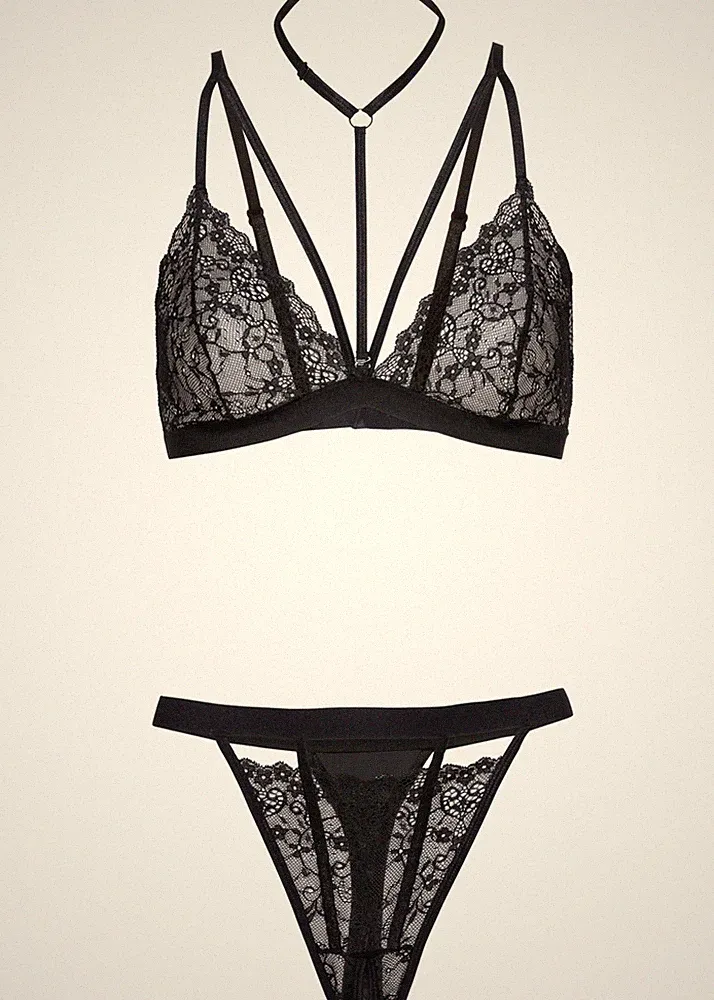 Neu 2tlg Set Triangel-BH+String ouvert Gr 36/38 Schwarz Erotikwäsche Dessous