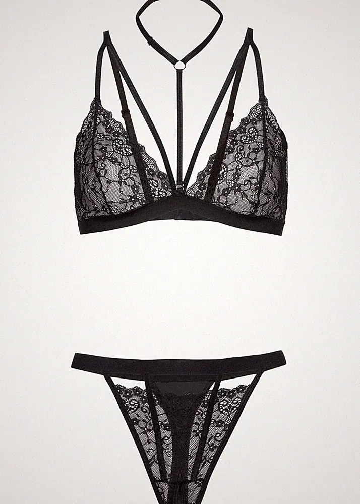 Neu 2tlg Set Triangel-BH+String ouvert Gr 40/42 Schwarz Nachtwäsche Erotikwäsche