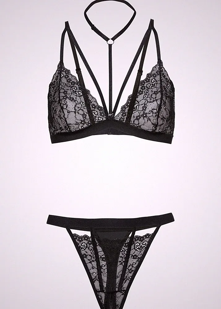 Neu 2tlg Set Triangel-BH+String ouvert Gr 48/50 Schwarz Nachtwäsche Erotikwäsche