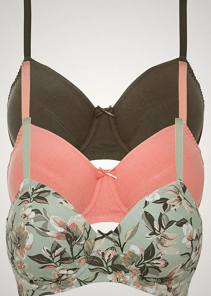 Neu 3er-Pack Bügel-BH Gr. 80 Cup D Oliv Pfirsich Bedruckt Damen-Bra Unterhemd