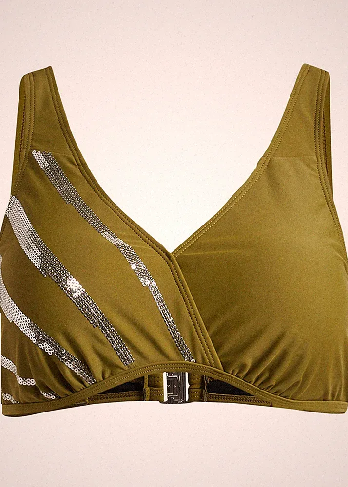 Neu Bikini Oberteil Gr. 75 Cup B Grün Silber Damen-Bademode Schwimm-Bra Bade-BH