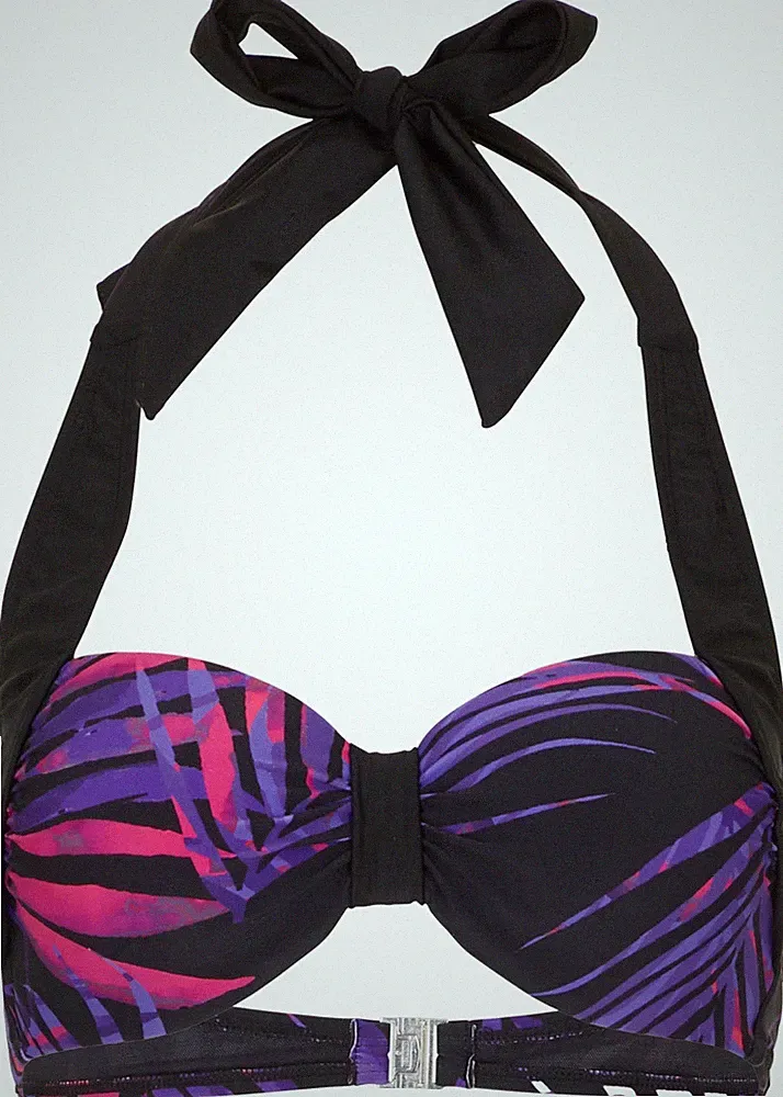 Neu Bikini Oberteil Gr. 75 Cup:B Schwarz/Lila Bedruckt Damen Balconette Bade-BH