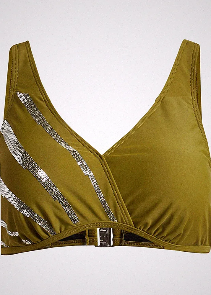 Neu Bikini Oberteil Gr. 80 Cup B Grün Silber Damen-Bademode Schwimm-Bra Bade-BH