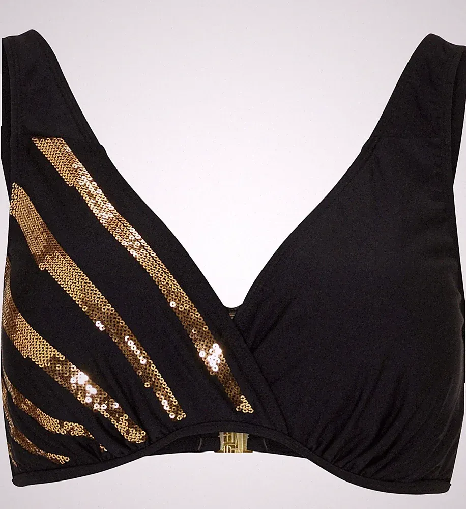 Neu Bikini Oberteil Gr. 80 Cup B Schwarz Gold Damen Schwimm-Bade-BH