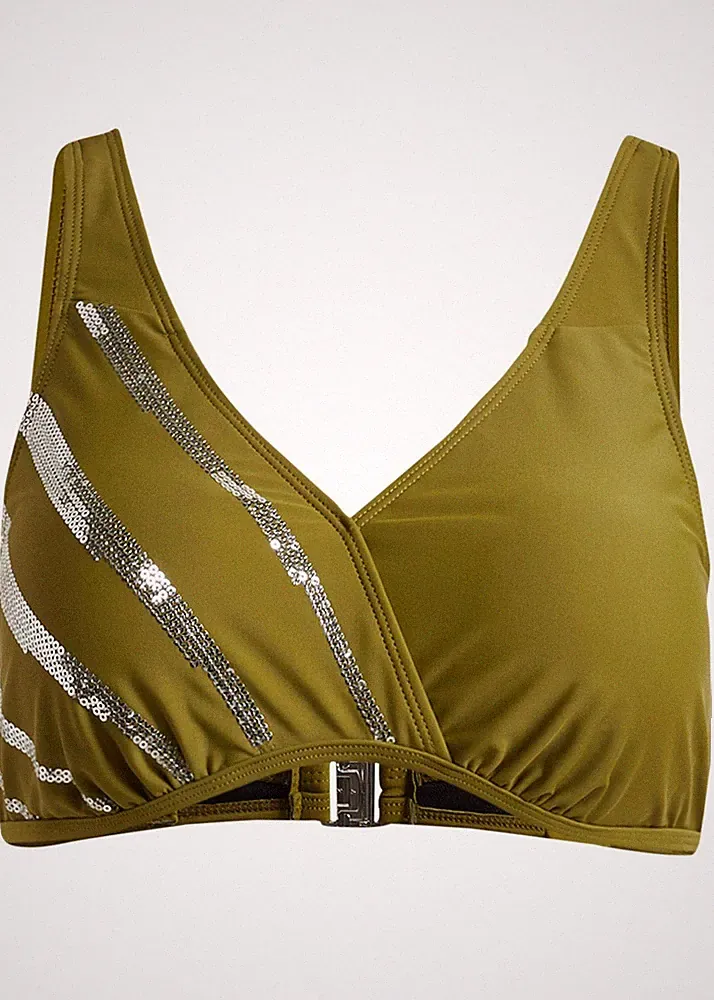 Neu Bikini Oberteil Gr. 90 Cup B Grün Silber Damen-Bademode Schwimm-Bra Bade-BH