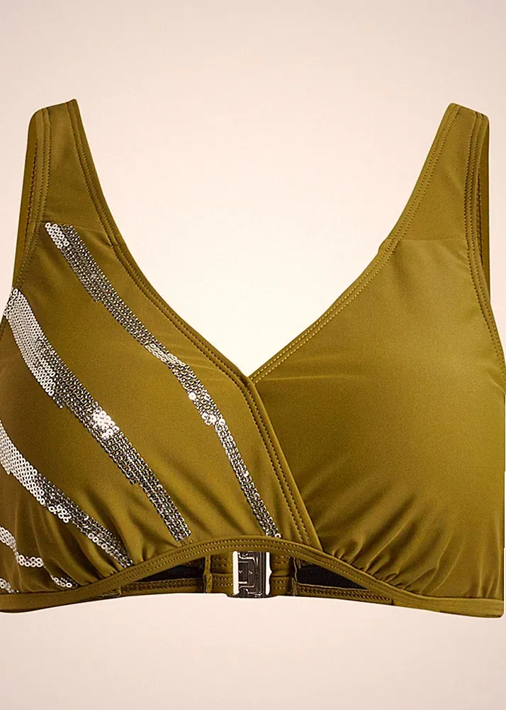 Neu Bikini Oberteil Gr. 95 Cup B Grün Silber Damen-Bademode Schwimm-Bra Bade-BH
