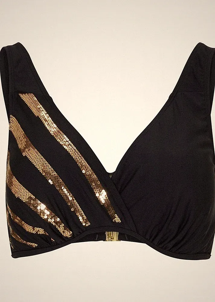 Neu Bikini Oberteil mit edlen Streifen Gr. (75) C Schwarz Gold Schwimm-Bade-BH