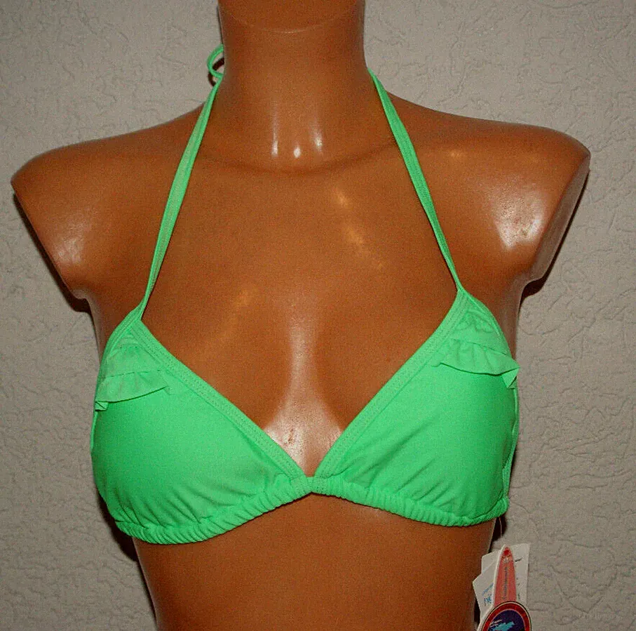 Neu! BIKINI-Oberteil Triangel BH Frou Frou Frill GRÜN Softeinlagen UK 10/EU 36
