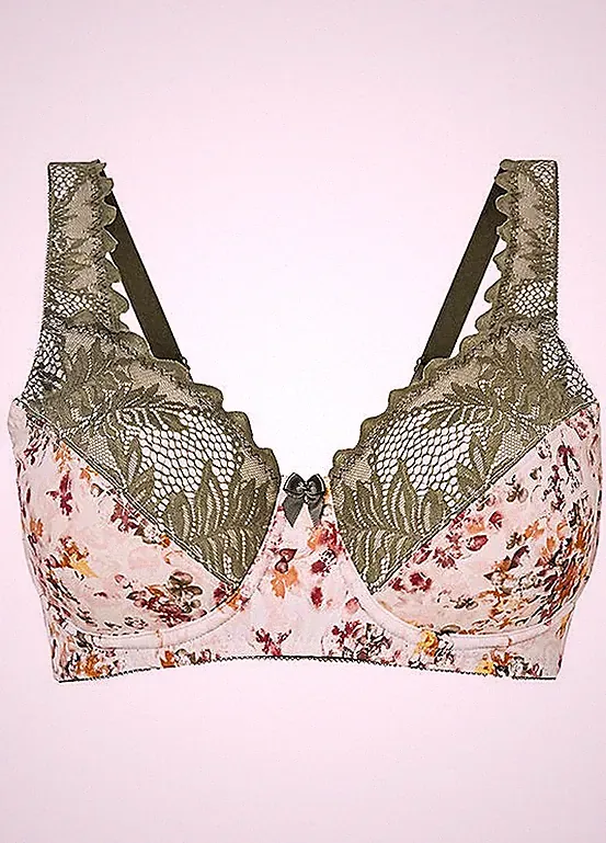 Neu Bügel-BH Gr. 105 Cup F Naturbeige Geblümt Damen-Bra Oberteil Dessous
