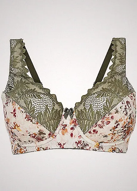 Neu Bügel-BH Gr. 95 Cup F Naturbeige Geblümt Damen-Bra Oberteil Dessous