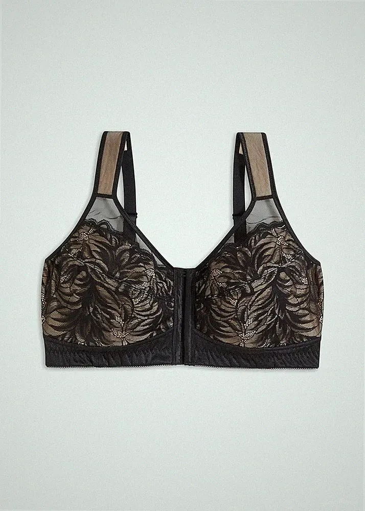 Neu Bügelloser BH mit Frontverschluss Gr 105 Cup D Schwarz Kreidebeige Oberteil