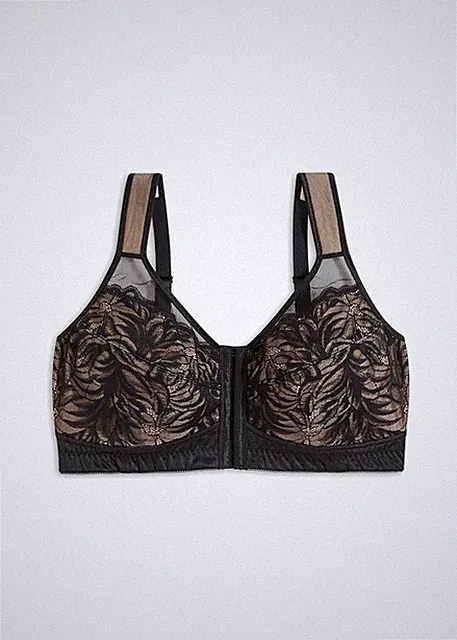 Neu Bügelloser BH mit Frontverschluss Gr 80 Cup D Schwarz Kreidebeige Oberteil