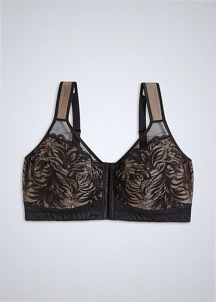 Neu Damen Bügelloser BH mit Frontverschluss Gr 85 Cup D Schwarz Kreidebeige
