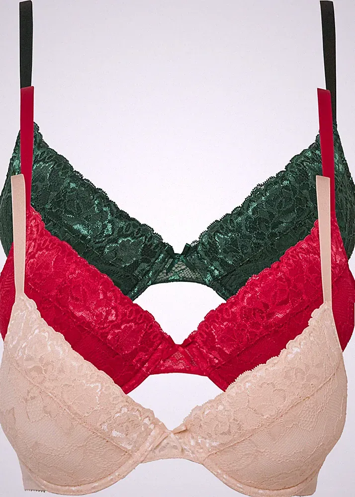 Neu Damen Push up BH mit Bügel Gr. 100 Cup D Perlbeige+Granatrot+Dunkelgrün