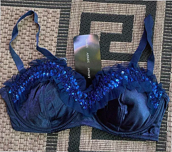 NEU SATIN BH mit TÜLL-RÜSCHEN PAILLETTEN abnehmb. TRÄGER 75 A APART blau *642108