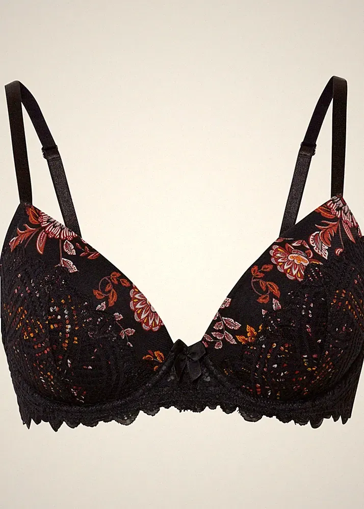 Neu Schalen BH mit Bügel Gr. 75 (E) Schwarz Geblümt Damen-Unterwasche