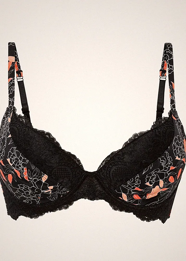 Neu Schalen BH mit Bügel Gr 80 Cup C Schwarz Geblümt Bra Unterhemd Dessous