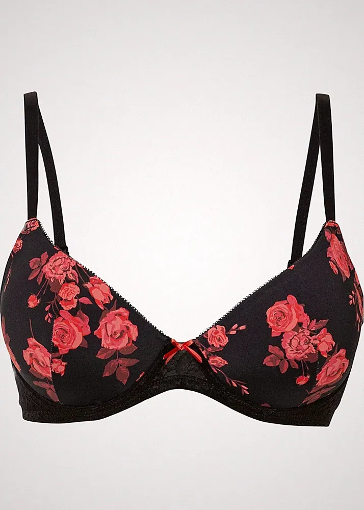 Neu Schalen BH mit Bügel Gr. 80 Cup C Schwarz Geblümt Unterwasche Bra Unterhemd