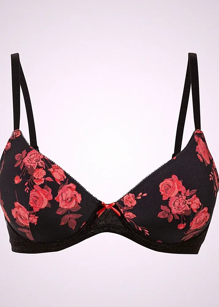Neu Schalen BH mit Bügel Gr. 80 Cup F Schwarz Geblümt Bra Unterhemd Oberteil