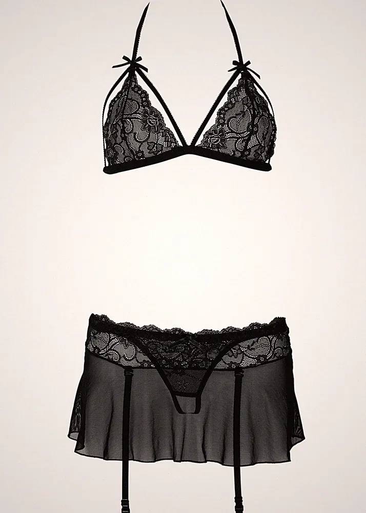 Neu Set aus Triangel-BH String und Rock Gr 32/34 Schwarz Damen Erotikwäsche