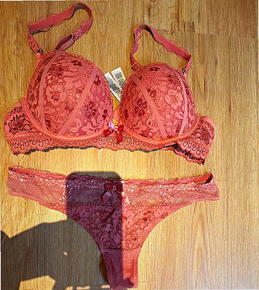 New Yorker Damen BH-Set Push-Up Spitze Blumenmuster Schleife Rosa 75C C-Cup