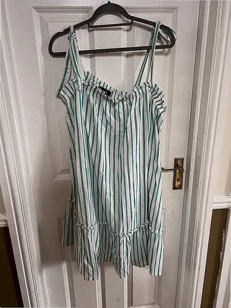 NEXT Gr. 20 Damen BABYDOLL KLEID weiß SOMMER Urlaub BONBON STREIFEN grün