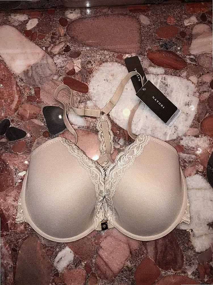 Nwt Natori Hautfarben Cafe Ayame Federn Spitze Sexy Vorne Enge T-Rücken Uw Bh
