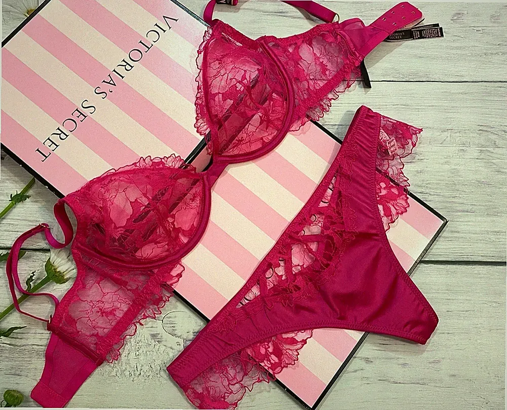 Nwt Victoria's Secret Luxe Lingerie Ungefüttert Plunge Bh Slip Set Spitze Pink