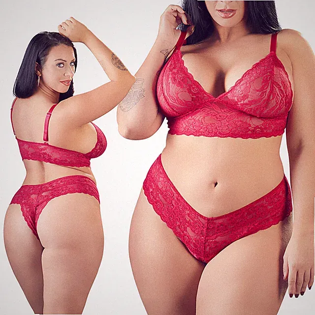 Plus Size BH-Set XL- 4XL Rot Spitze Schritt offen Dessous Reizwäsche "Shelby"